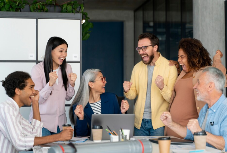 Happy employees in positive workplace culture